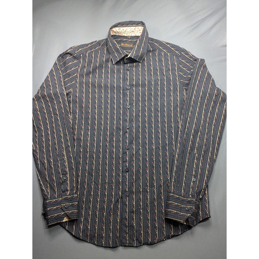 Ben Sherman Womens Button Down Shirt Navy Stripe Floral Trim Mod Size M